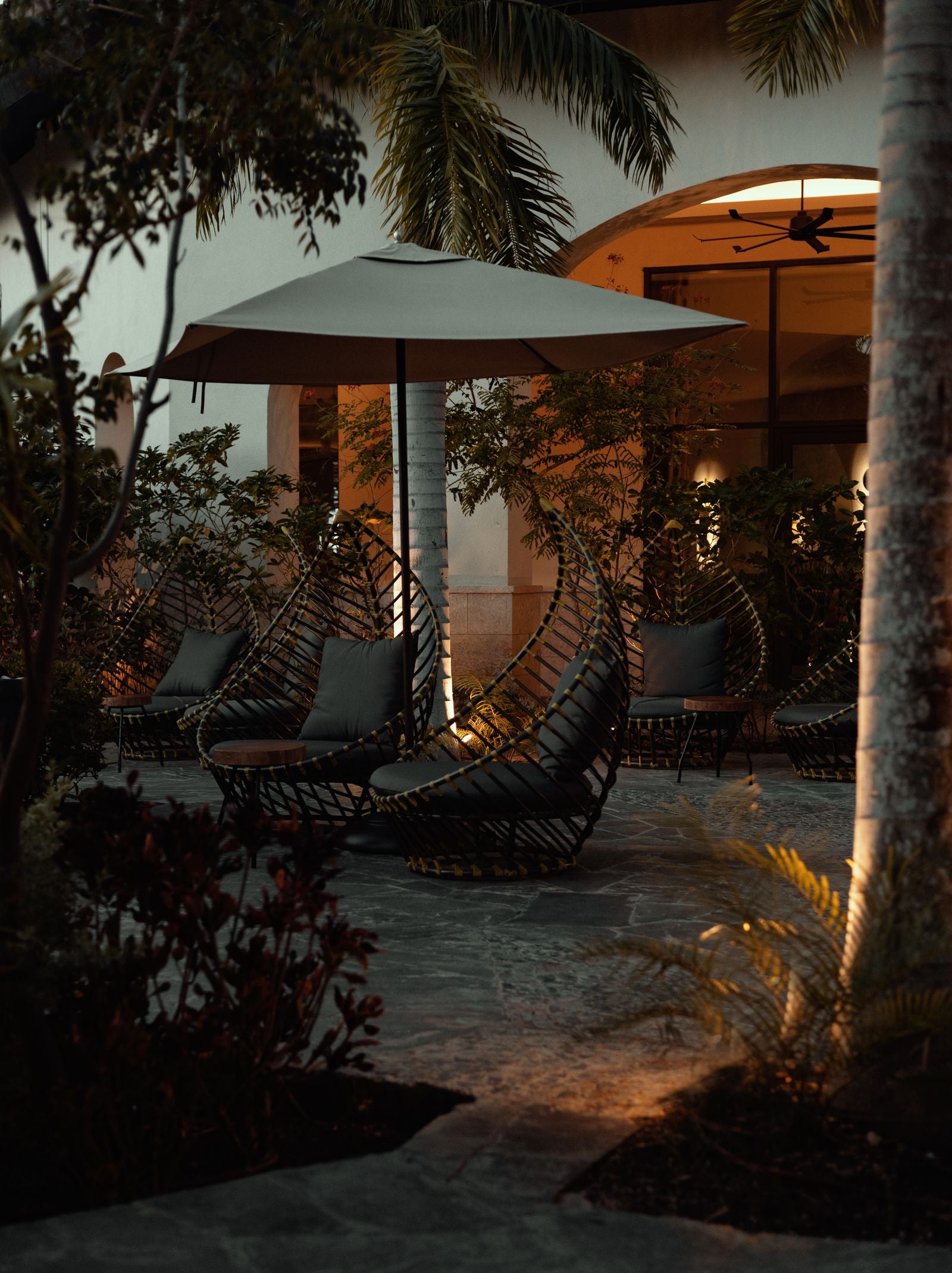 Elegant outdoor lounge in the evening